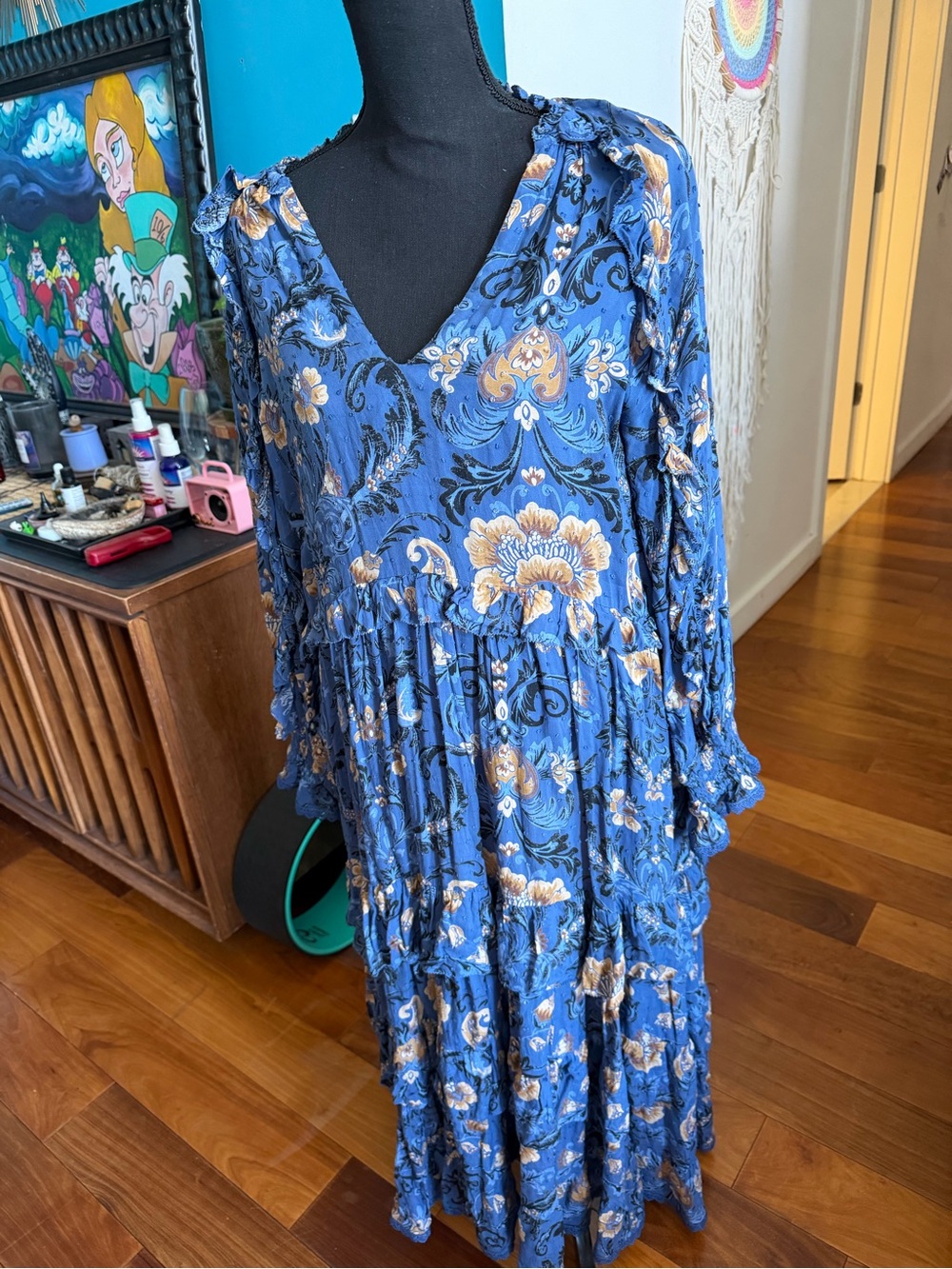 Spell Blue Floral Tiered Maxi Dress with Cream Accents